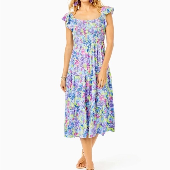 Lilly Pulitzer Jilly Smocked
Midi Dress Ruffle Floral
Printed Resort Size L A31 - Picture 10 of 12
